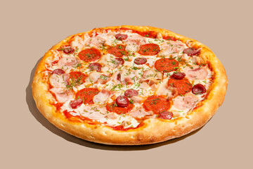 Juicy symphony of pepperoni and olives adorns a golden crust, perfect for Pi Day celebrations and pizzaiolo artistry
