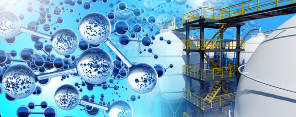Chemical factory. Hydrogen gas storage tanks. Spherical storage for chemical products. Industrial equipment under blue sky. ASME technology. Hydrogen production. Storage h2.
