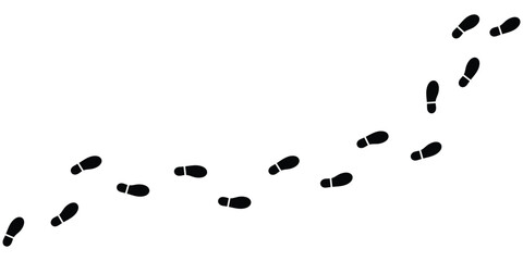 Footprints trail or shoe print path vector illustration. Footsteps, walking, journey, tracking, or navigation symbol for travel, hiking, or exploration. Black silhouette isolated on white background.