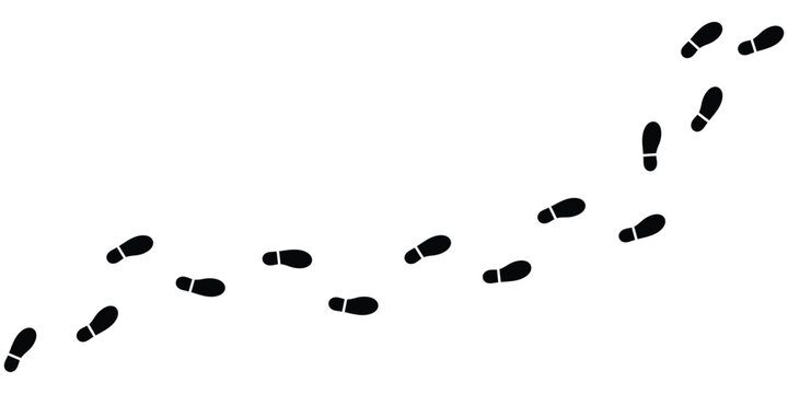 Footprints trail or shoe print path vector illustration. Footsteps, walking, journey, tracking, or navigation symbol for travel, hiking, or exploration. Black silhouette isolated on white background.