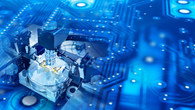 Advanced semiconductor manufacturing process. Precision equipment working on a silicon wafer, overlaid with a digital circuit background.