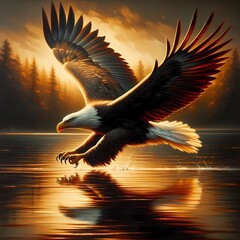 Bald Eagle in Flight over a Lake at Sunset