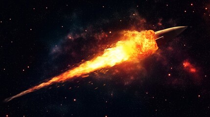 Rocket launching into the starry expanse of space, burning fuel and propelling forward at incredible speed, creates a spectacular fire trail against the dark cosmos