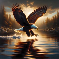 Majestic Bald Eagle Soaring Over a Tranquil Lake at Sunset