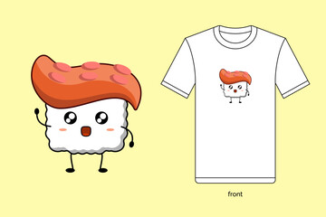 Kawaii sushi illustration vector design with T-shirt mockup. EPS 10