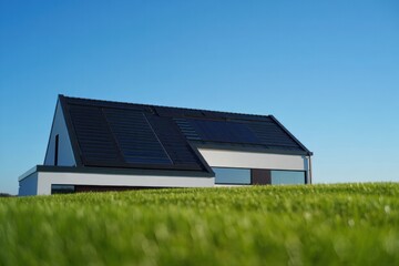 Fototapeta premium Modern eco-friendly home with solar shingles and integrated photovoltaics system, Building Integrated Photovoltaics BIPV
