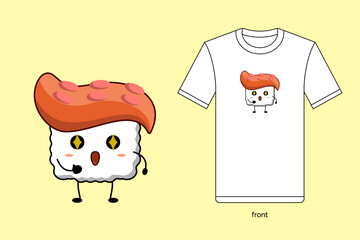 Kawaii sushi illustration vector design with T-shirt mockup. EPS 10