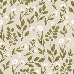 Pretty White Flowers Branches Vector Seamless Pattern