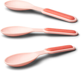 set of plastic baby spoons with shadows isolated white background, light pink spoons  with reddish grip on handle, designed for safe feeding in different angles
