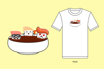 Kawaii sushi illustration vector design with T-shirt mockup. EPS 10