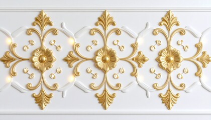 Luxurious ornamental wall panel with detailed carvings and soft LED backlighting, white and gold color palette