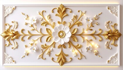 Luxurious ornamental wall panel with detailed carvings and soft LED backlighting, white and gold color palette