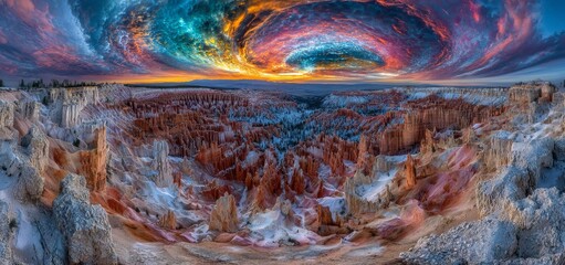 A dramatic sky is visible at sunrise over Bryce Canyon National Park, Utah, USA
