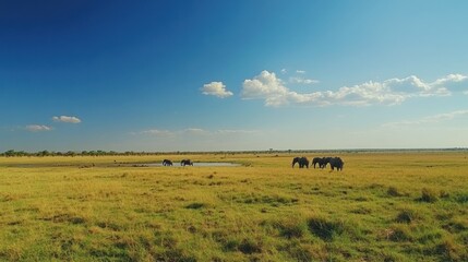 Naklejka premium African savanna landscape with elephants near a watering hole under a clear blue sky