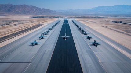 Aerial view of numerous fighter jets lined up on a runway in a desert landscape