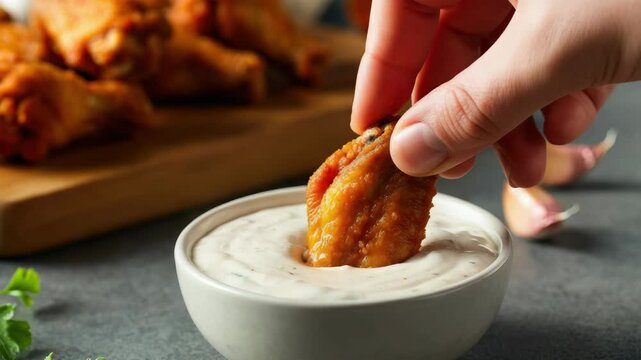 Person dipping crispy chicken wing in creamy ranch sauce, garlic cloves nearby