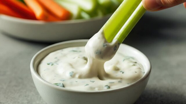 Hand dipping celery stick in ranch dip, with bowl of carrots and background