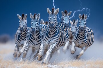 Fototapeta premium In Namibia's Etosha Pan, a zebra is set against the backdrop of a stormy evening sunset, highlighting the region's unique wildlife and nature during the dry season