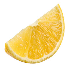 Fresh lemon wedge citrus slice closeup isolated on transparent background