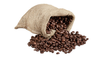 Overturned bag full of coffee beans on white background.