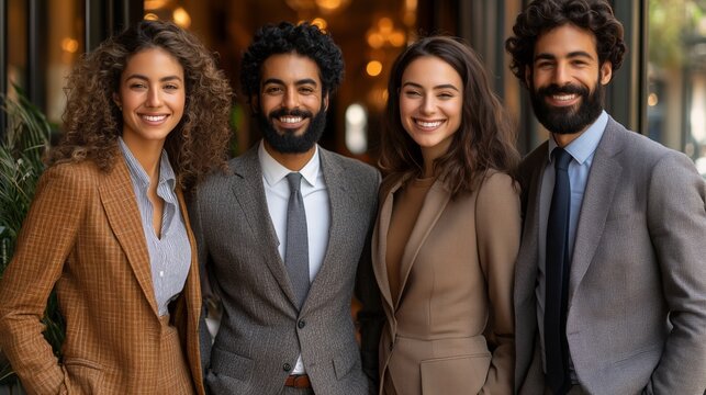 Four business professionals stand confidently, dressed in suits, posing for a group photo. The image conveys professionalism and unity.