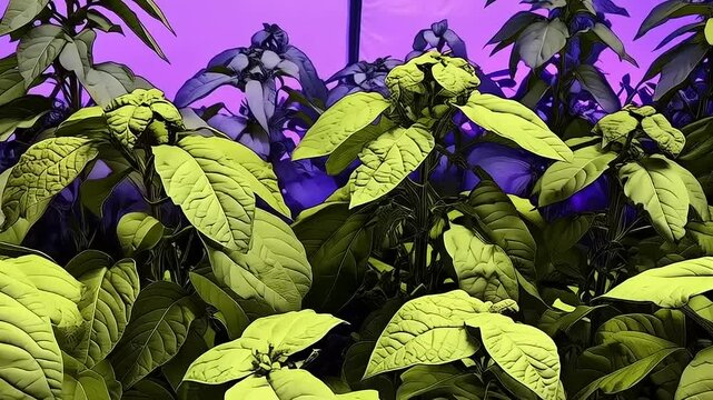 Illuminated verdant leaf clusters under the soft hue of horticultural lighting