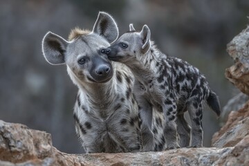 A young spotted hyena pup is seen in the warm light of an evening sunset, with its mother, a detailed portrait of a hyena, showcasing the angry animal near a water hole with a beautiful backdrop and