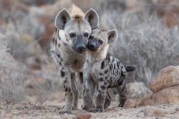 Fototapeta premium A beautiful evening sunset provides the perfect backdrop for a detailed portrait of a spotted hyena and its young pup, as the angry animal stands near a water hole in the natural surroundings of the