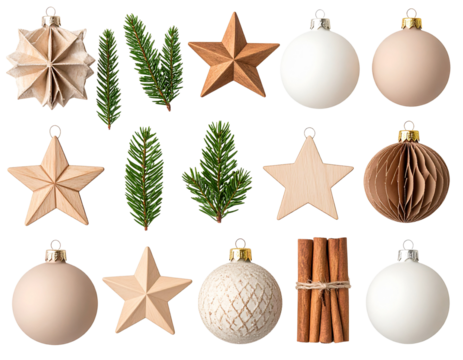 Minimalist Christmas Ornaments Set with Matte Finish and Natural Elements, isolated on transparent background PNG
