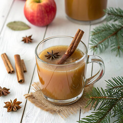 Hot apple cider in a transparent mug with cinnamon stick, fir leaves around, white wood table