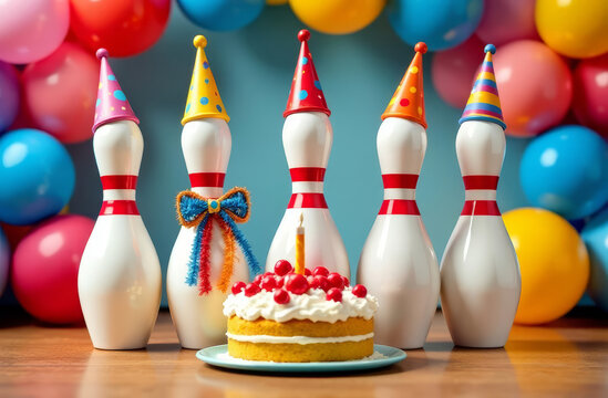 Colorful bowling pins decorated for a birthday party stand in front of a cake with cherries. Bright balloons create a festive background
