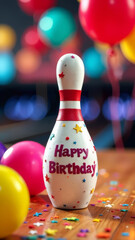 A colorful birthday party scene featuring a bowling pin with 'Happy Birthday' written on it. Surrounding balloons and confetti add to the festive atmosphere.