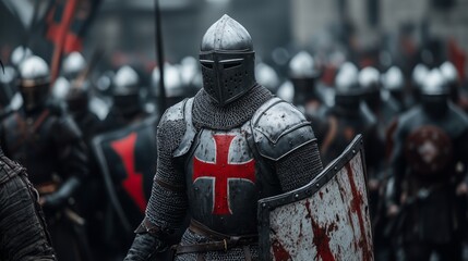 Naklejka premium A knight in full armor stands ready for battle, surrounded by other armored soldiers. The scene is dramatic and evokes a sense of historical warfare.