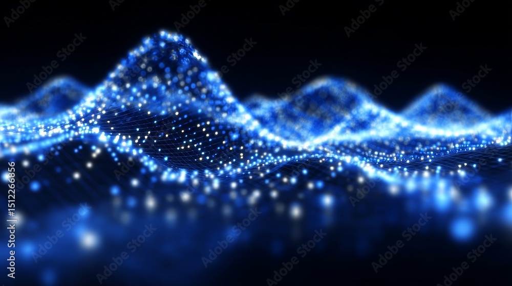Poster a background of technology and communication is depicted with connected dots on a 3d wave landscape,