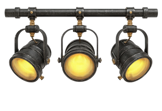 Three vintage-style spotlights mounted on a dark metal pipe