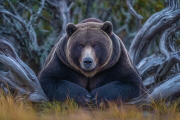 Fototapeta premium The Alaska Wildlife Conservation Center in South-central Alaska's Portage is where a brown bear boar, or Ursus arctos, can be seen looking at the camera while resting atop a log
