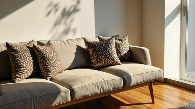 Modern sofa with patterned cushions in sunlit living room  