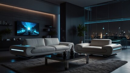 Modern, sleek living room at night with a view.  LED lighting accents a beige leather sectional sofa and armchair.  A glass coffee table sits on a rug.  Large windows show a cityscape