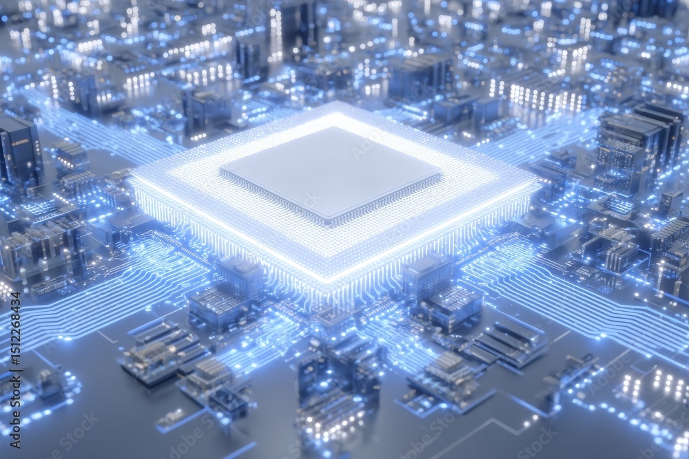 Poster this stock illustration showcases a motherboard equipped with complex electronic circuits and a cpu,