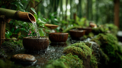 zen bamboo water fountain in lush forest garden – ideal for spa promotions, mindfulness content, wellness blogs, and eco design background	
