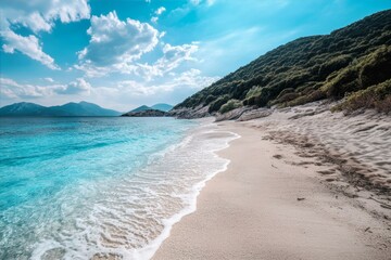 Seaside Serenity Turquoise Waters Meet Sandy Shore Verdant Hillside Backdrop Under Cloudy Blue Skies