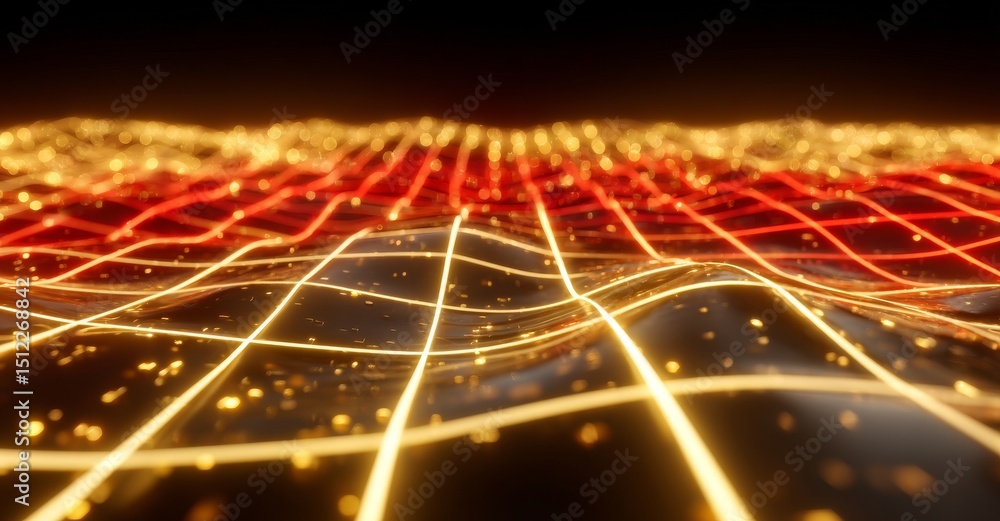 Poster an image of a grid in the metaverse moves smoothly and continuously over light trails