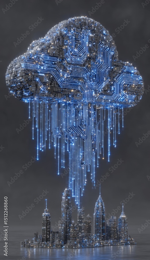 Poster a futuristic scene with advanced technology in a fantasy universe visualizes cloud service