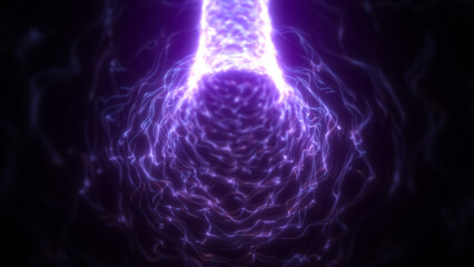 Abstract purple tunnel composed of wavy digital light particles, creating a sense of flow, data transfer, or sci-fi movement