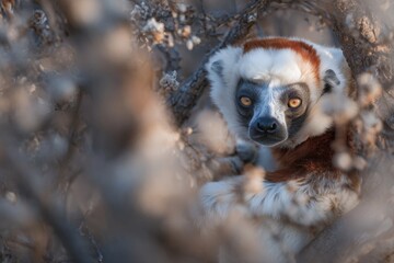 Obraz premium Coquerel's sifaka, or Propithecus coquereli, can be spotted in the vicinity of Andasibe Mantadia National Park, a protected area in Madagascar that preserves African wildlife