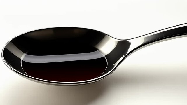 Isolated shot showcasing a spoonful of rich dark liquid against bright backdrop