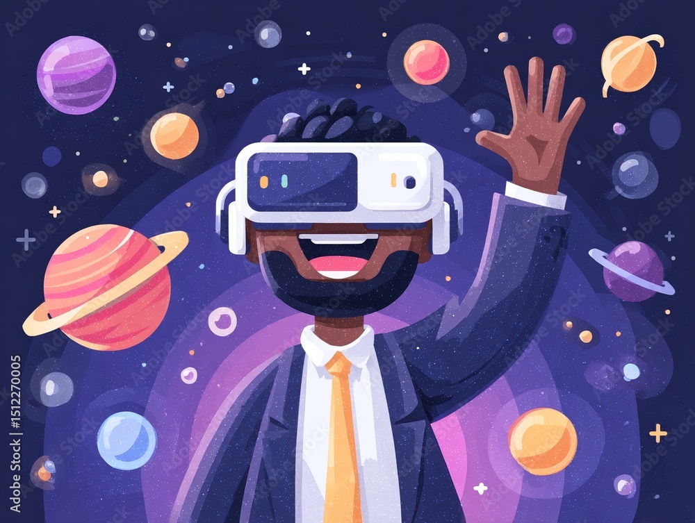 Poster a black man wearing a vr headset is shown on a banner, exploring the metaverse and interacting with 