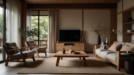 Modern Japanese-style living room with warm tones