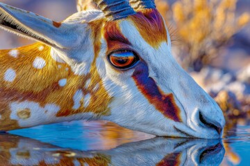 Obraz premium In Etosha National Park, Namibia, a springbok is seen drinking water