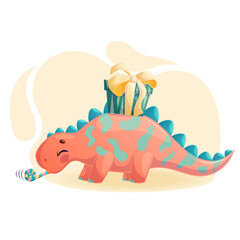 Cute dinosaur with a gift box on its back. An adorable prehistoric animal celebrates its birthday. Isolated vector illustration for design, prints and patterns